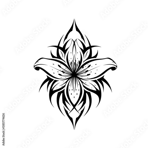 Stylized lily flower in tribal style in black and white representing tattoo art with copy space