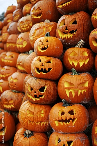 Wall of spooky jack-o-lanterns carved from orange pumpkins for halloween