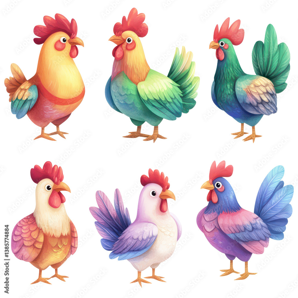 Fototapeta premium Vibrant Rooster Collection: A delightful watercolor composition showcases a variety of colorful roosters, each bursting with unique character and charm. A visual feast of avian artistry