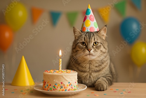 Celebrating a Birthday With a Cat Wearing a Party Hat Next to a Cake and Candles