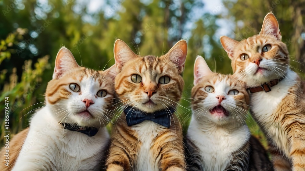 A group of funny cats taking a selfie on a nature background. A group of funny cats taking a selfie on a nature background.