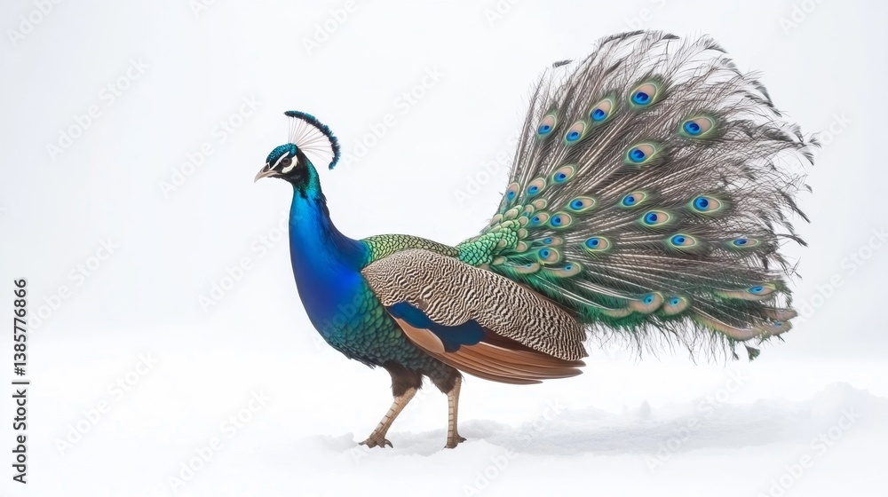Fototapeta premium Majestic peacock displaying vibrant feathers natural habitat wildlife photograph bright environment side view beauty of nature