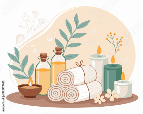 Aromatherapy Setup with Candles, Oils, and Towels on a Soft Background  
