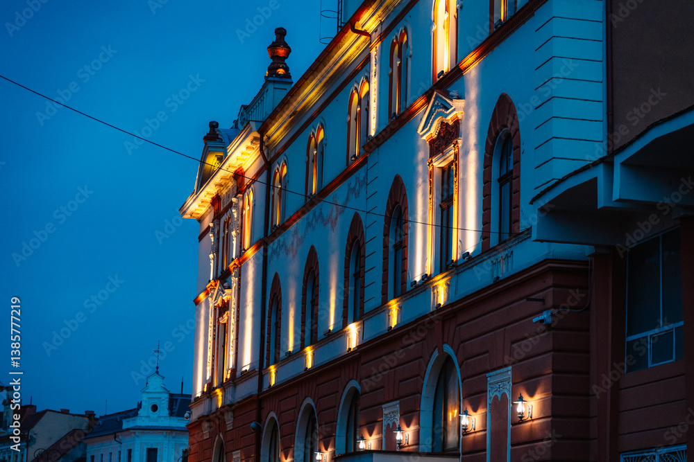 Fototapeta premium Oradea, Romania with historic buildings in Union Square , The Capital of Art Nouveau. Western Transylvania in Romania. Historical cultural city in europe