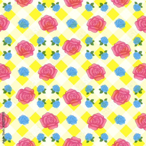 Yellow checkerboard background with pink roses, blue roses, plaid pattern, suitable for wallpaper, backdrop, postcard, background, grid background, checkerboard background, pattern background, 