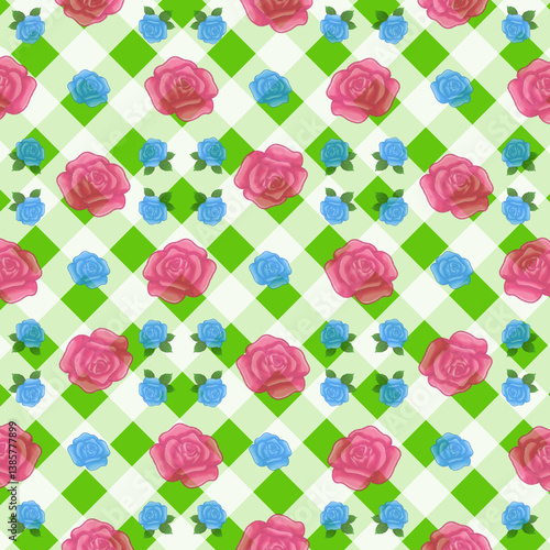 Green checkerboard background with pink roses, blue roses, plaid pattern, suitable for wallpaper, backdrop, postcard, background, grid background, checkerboard background, pattern background, geometri