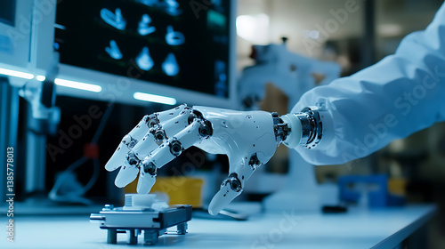 A robotic hand shaking hands with a human hand, clear view of mechanical joints and human skin texture, futuristic workplace background