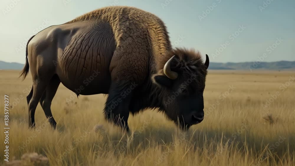 American Bison Grazing in a Golden Prairie Landscape under a Clear Sky American Bison Grazing in a Golden Prairie Landscape under a Clear Sky