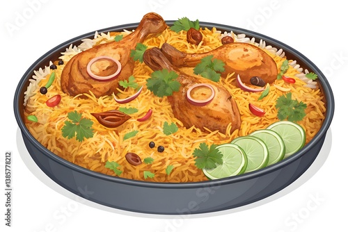 Dum Chicken Biryani Platter with Whole Spices isolated on a white background