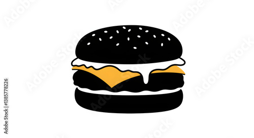 black silhouette of a cheeseburger with cheese spilling over the edges on a white background