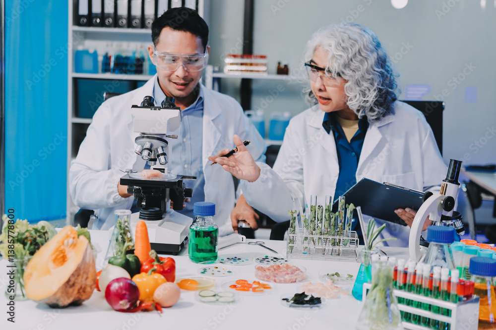Team Asian scientists in a lab conducting food research using a microscope and lab equipment, showcasing innovation in food science and biotechnology Team Asian scientists in a lab conducting food research using a microscope and lab equipment, showcasing innovation in food science and biotechnology