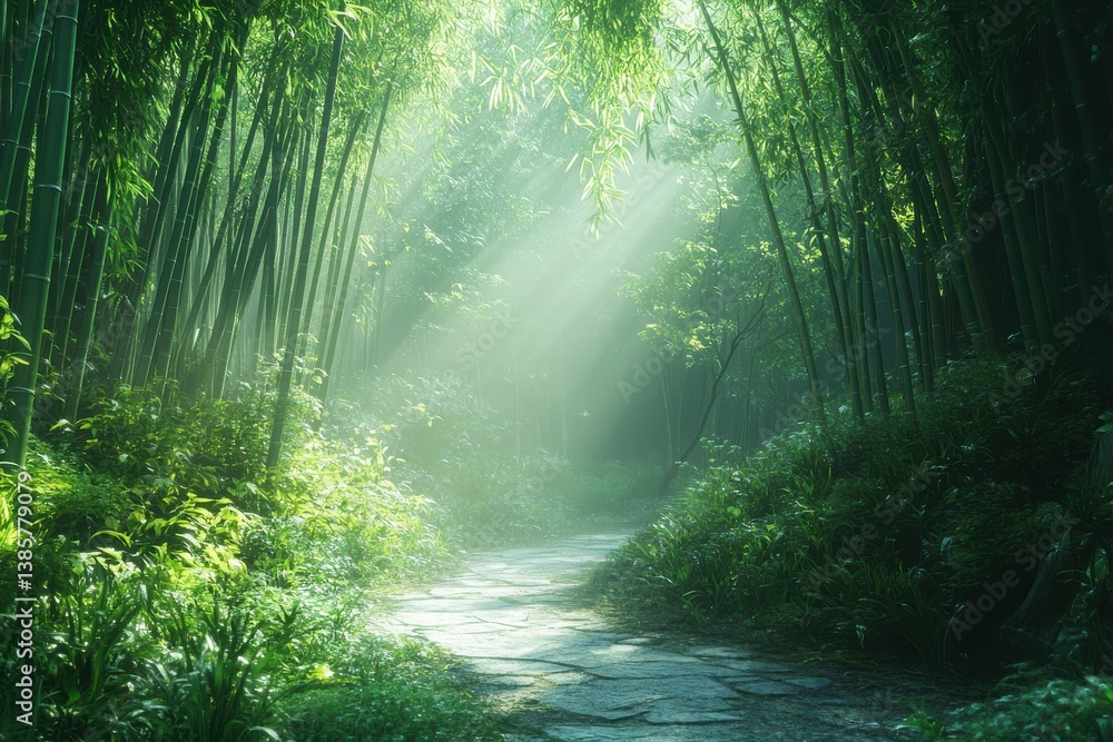 Fototapeta premium Sunlight shining through tall bamboo forest 