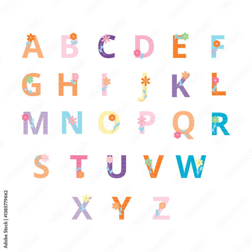 Alphabet with Flowers Simple flat Vector Design Set Colorful Isolated in White Alphabet with Flowers Simple flat Vector Design Set Colorful Isolated in White