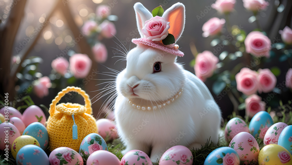 Elegant White Bunny with Pink Hat and Easter Eggs in Spring Garden – High-Resolution 8K Easter Scene Elegant White Bunny with Pink Hat and Easter Eggs in Spring Garden – High-Resolution 8K Easter Scene