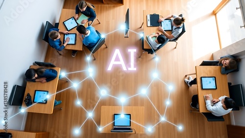 AI-Powered Learning: Students Using Digital Devices in a Smart Classroom, Futuristic Education: Artificial Intelligence in a Modern Classroom Setting, Technology in Education: Students Connected Throu