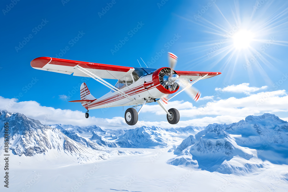 Naklejka premium A vintage airplane flying over snowy mountains