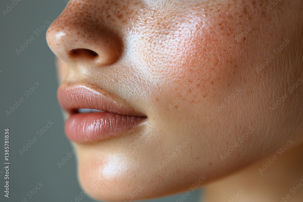 Fototapeta premium Close-up of a woman’s face with freckles, showing natural skin texture, pores, and fine details in high resolution.