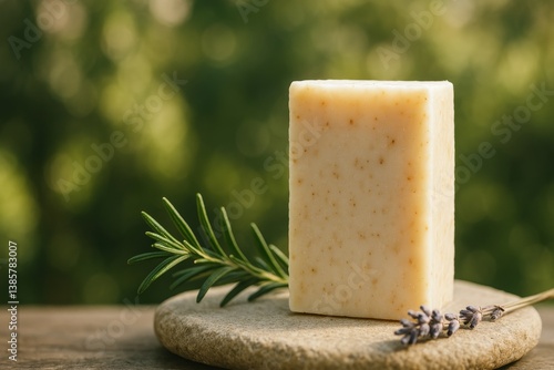 Handmade Natural Soap With Rosemary and Lavender on a Stone Plate in a Garden