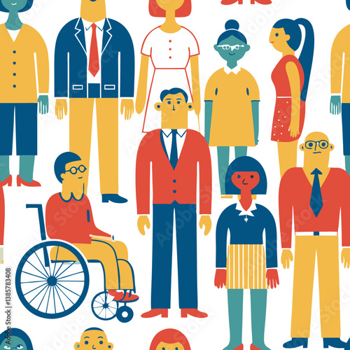 A group of people with different outfits and accessories, including a man in a wheelchair. Concept of diversity and inclusivity, as people of different ages and abilities are represented