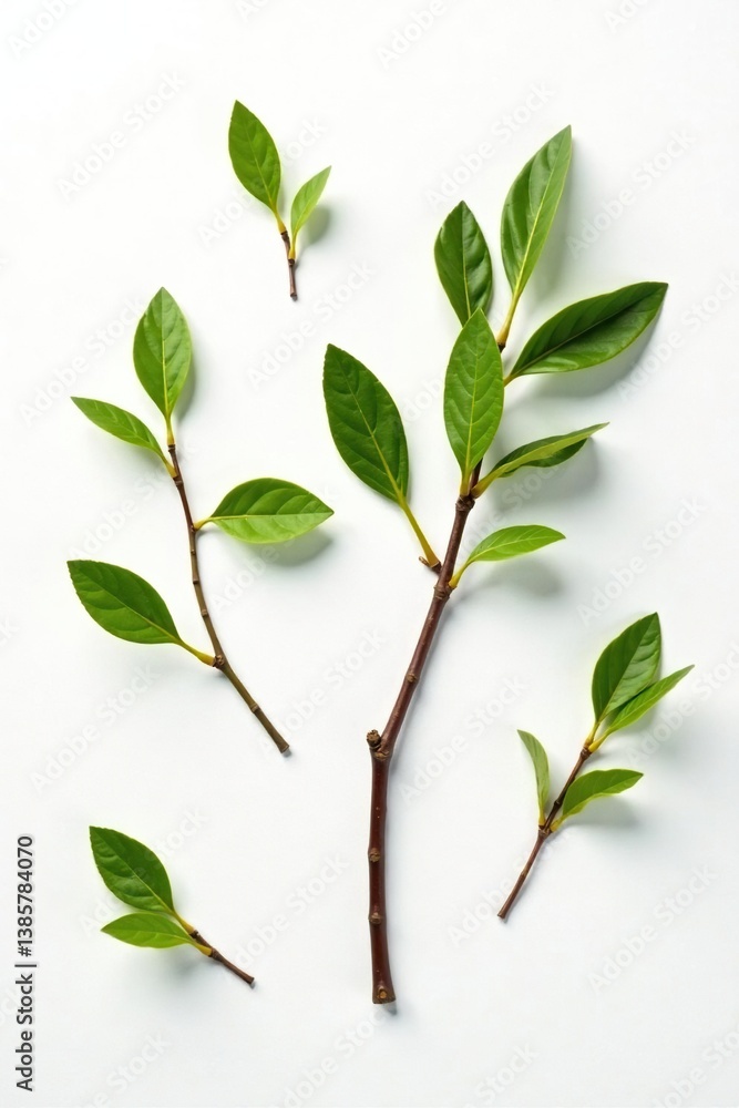Fototapeta premium Four small branches scattered on white background, foliage, wooden textures, nature