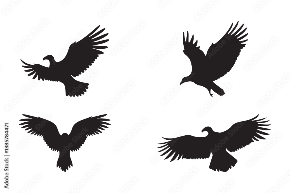 Obraz premium Eagle Hawk Bird Silhouettes Vector Flying Predator Birds Clipart Set