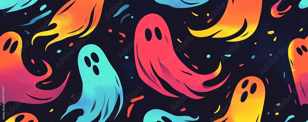 Seamless pattern of colorful ghosts floating on dark background, perfect for halloween projects