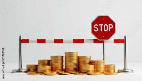 A visual representation of a stop sign and barrier in front of a pile of coins, symbolizing financial barriers or limitations.