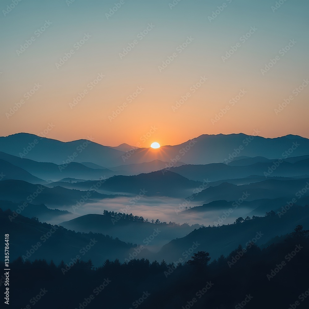 Fototapeta premium Serene Sunrise Over Mountain Range with Misty Valley Landscape