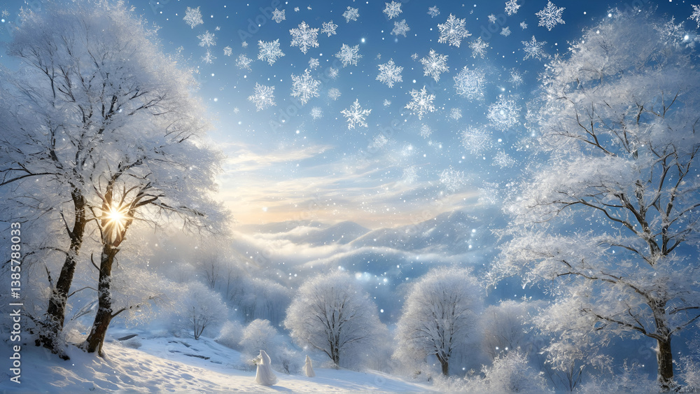 Snowy trees define the cold winter landscape under a blue sky, a beautiful frozen scene of nature, Generative AI Snowy trees define the cold winter landscape under a blue sky, a beautiful frozen scene of nature, Generative AI