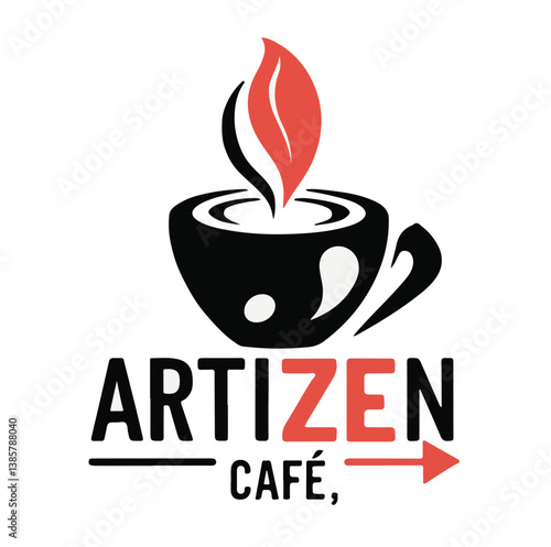 Detailed Logo Design for 'ARTIZEN CAFÉ,' Emphasizing Freshness and Creativity with a Teacup, Rising Steam, and an Arrow Graphic