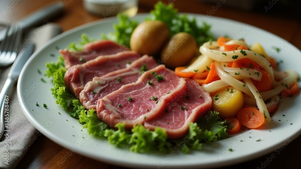 A white plate topped with meat and vegetables on a wooden table. A white plate topped with meat and vegetables on a wooden table.