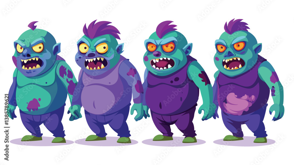 Fototapeta premium Cartoon Zombie Vector Art Set – Fun Undead Characters on White Background