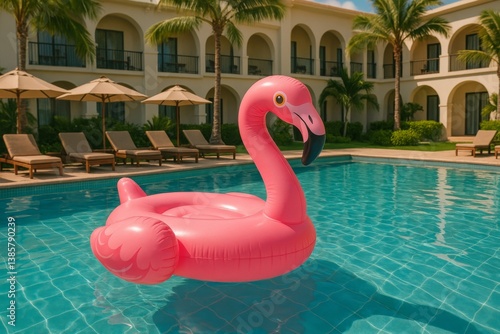 Pink Flamingo Float in a Sunny Hotel Pool Surrounded by Palm Trees and Lounge...