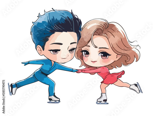 Cartoon vector illustration of a smiling boy and girl, possibly siblings or friends, holding hands with a heart, depicting love and fun