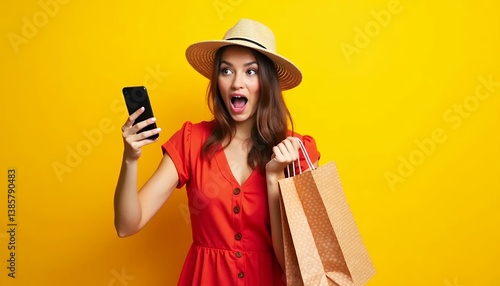 Woman in red dress holding phone and shopping bags