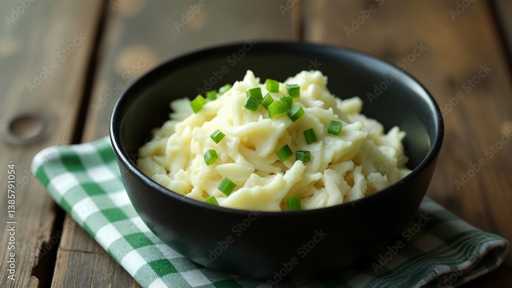 A black bowl filled with mashed potatoes on top of a green and white checkered napkin. A black bowl filled with mashed potatoes on top of a green and white checkered napkin.