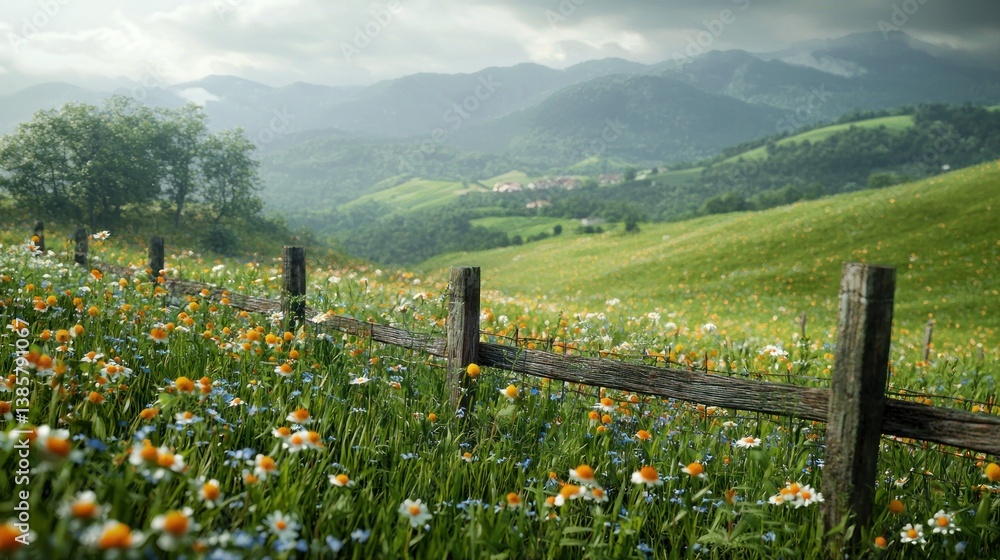Fototapeta premium Serene Mountain Meadow: A picturesque landscape of vibrant wildflowers, rolling hills, and a rustic fence.