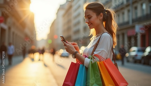 Woman Shopping in City with Phone and Bags