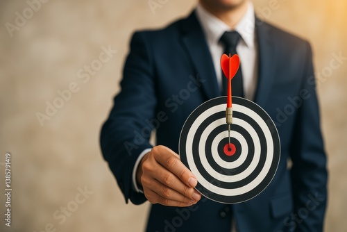Business Professional Aiming for Success With Dart on Target in Office Setting