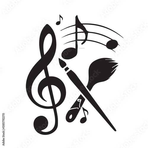 Artistic vector illustration of black musical notes with a treble clef creates a melodic pattern on the staff, a symbol of sound and song