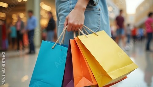 Person holding multiple colorful shopping bags in a mall