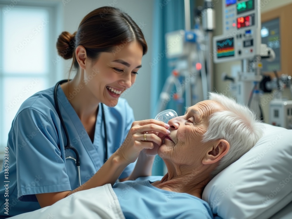 Fototapeta premium Enfermera ajustando máscara de oxígeno a paciente anciano, atención compasiva, equipo de monitoreo intensivo, entorno de UCI hospitalario