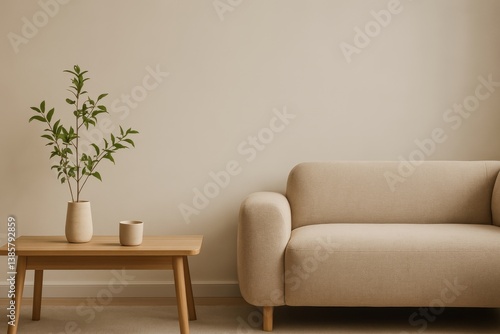 Cozy Living Room With Light Beige Sofa and Minimal Decor Featuring Potted Pla...