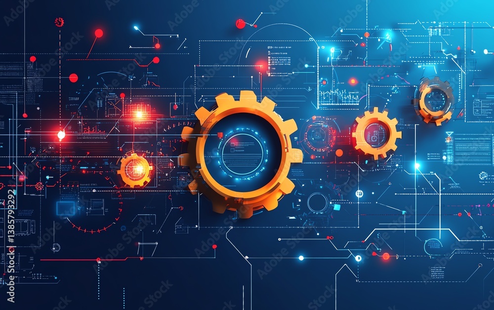 Obraz premium Abstract illustration of digital document workflow with interconnected gears and flowcharts, showcasing automation and efficiency, vibrant tech design,