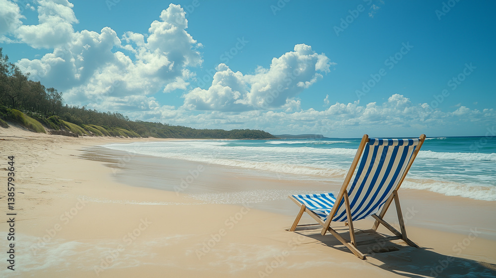 Relaxing beachside retreat with striped chair on sandy shore under a bright sky dotted with fluffy clouds Generative AI Relaxing beachside retreat with striped chair on sandy shore under a bright sky dotted with fluffy clouds Generative AI