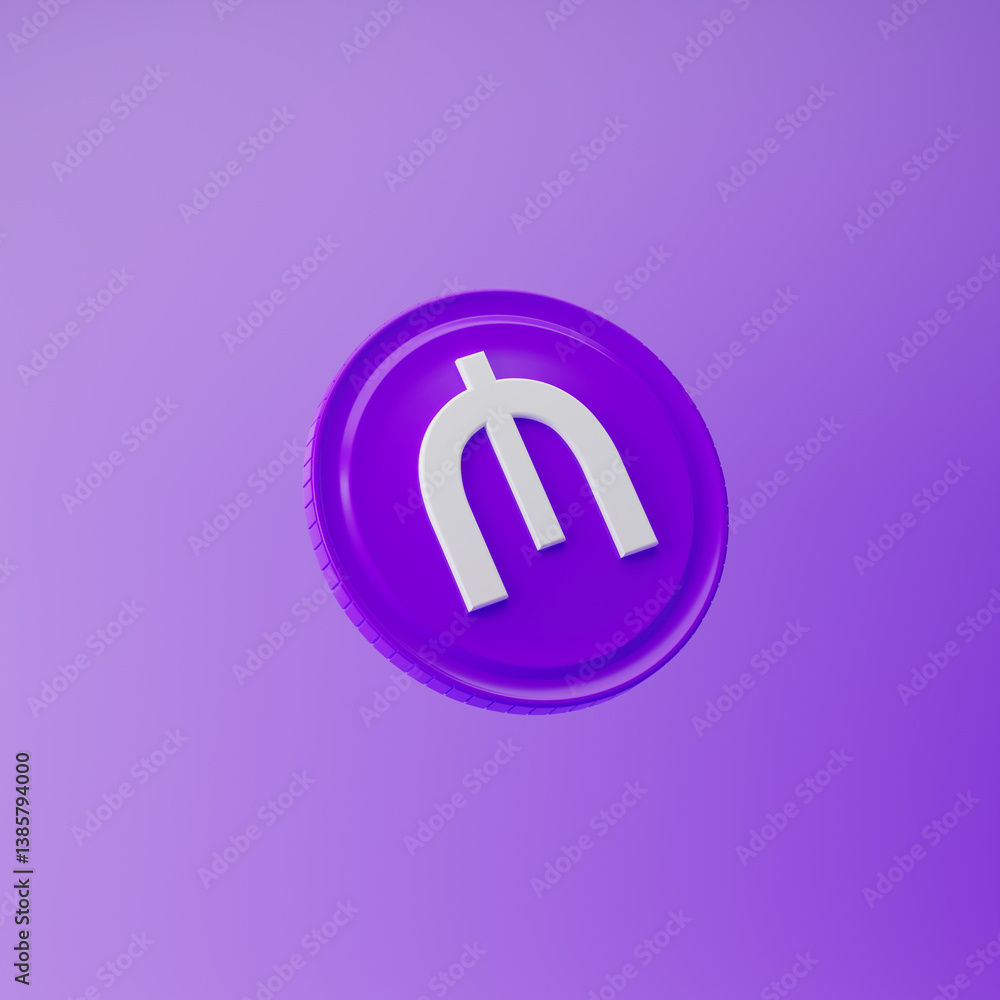 Fototapeta premium Coin icon with manat sign isolated over purple background. 3d rendering.