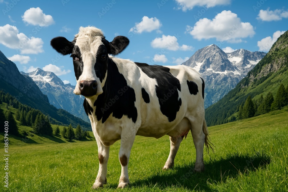 Cow Standing in Green Pasture With Mountains and Blue Sky in the Background During a Sunny Day Cow Standing in Green Pasture With Mountains and Blue Sky in the Background During a Sunny Day