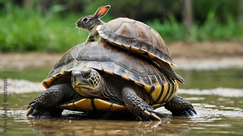 Fototapeta premium A turtle carrying a rabbit on its back.