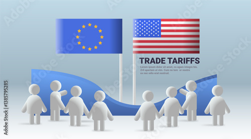 EU USA trade war concept with figures flags of European Union and United States people discussing tariffs blue gradient background website design