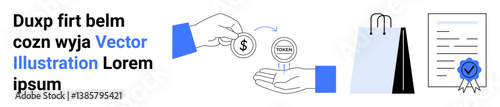 Hands exchanging money, shopping bag, receipt, and blue certification seal. Ideal for finance, e-commerce, certification, payment systems, business validation simple landing page